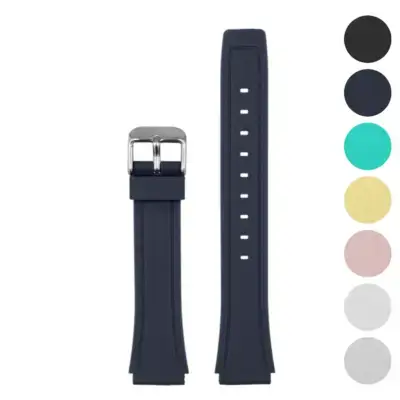 Fitted rubber strap for Casio F-91W, made from durable rubber. Available in various colors, featuring a sleek design and adjustable fit for comfort