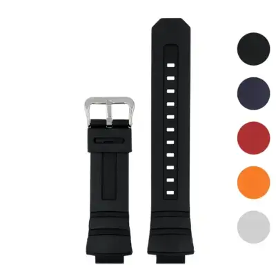 Fitted rubber strap for G-SHOCK AW-590 in black, featuring a silver buckle. Durable and stylish, perfect for enhancing your watch's look. Available in multiple colors